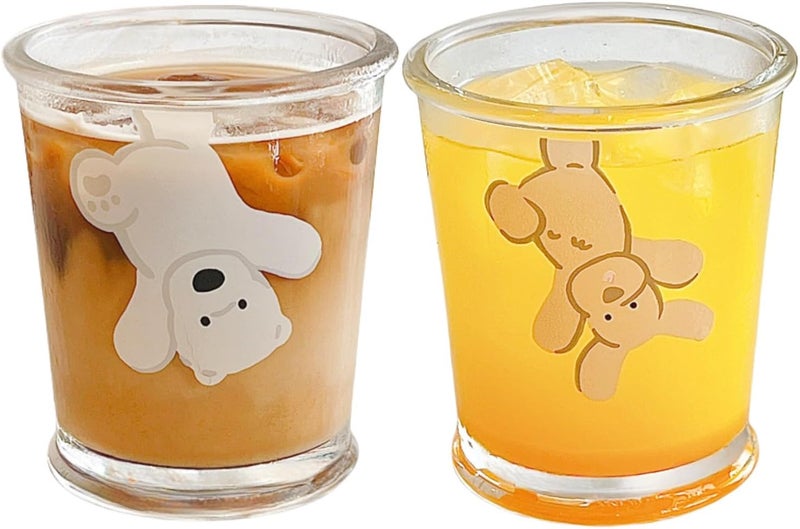 yaocoral Set of 2 12 OZ French Drinking Glasses Clear Glass Coffee Cup Tea Cup Cute Bear Dog Glass Cups for Iced TeaJuiceCoffeeMilkLatteDessertStackable Glassware Drinkware Set - Image 1