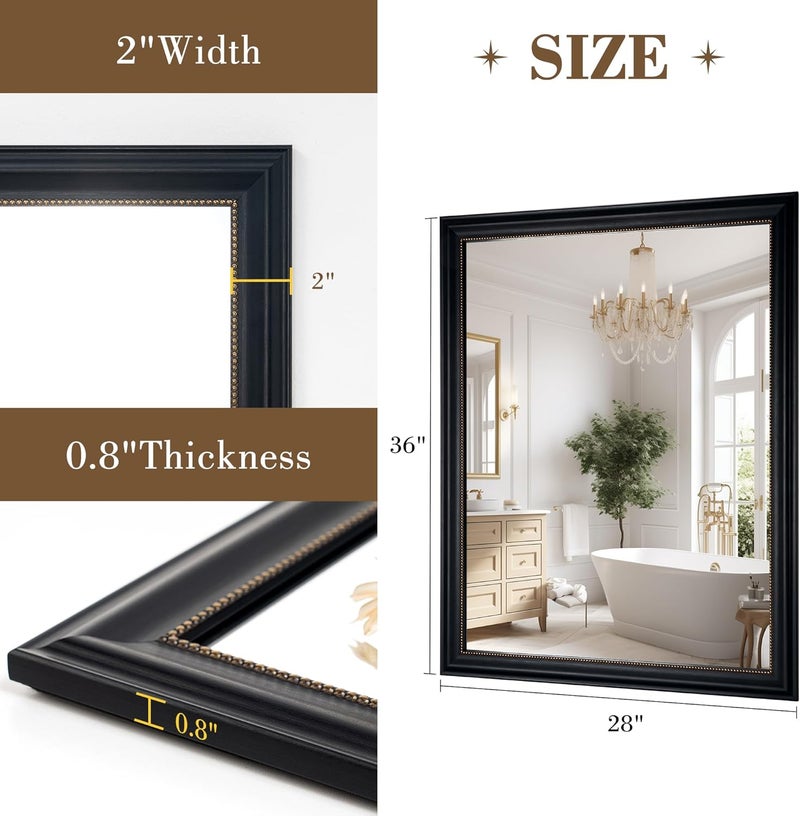 Axeman 28x36 Rectangular Wall Mirror, Decorative Bathroom Mirror, Traditional Vintage Wall Mounted Mirror with Beaded Frame for Accent Living Room Vanity Bedroom Entryway, Black - Image 5