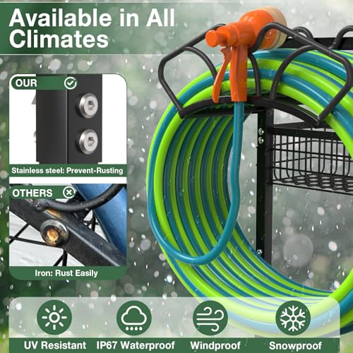 Qatsrin Upgraded Garden Hose Holder with Large Basket, Heavy Duty Water Hose Holder Supports 160-ft Hoses, Freestanding Detachable Hose Stand Storage Reel Hanger Rack for Yard Lawn Farm - Image 5