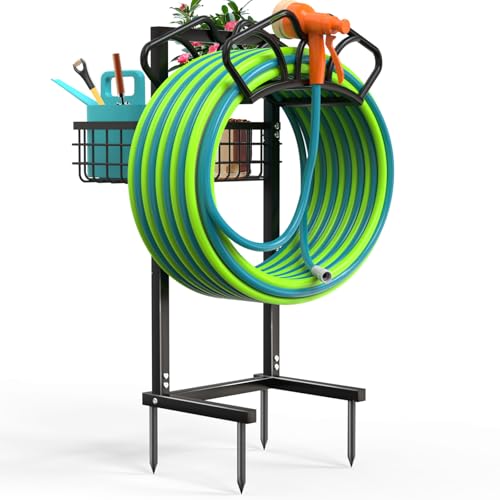 Qatsrin Upgraded Garden Hose Holder with Large Basket, Heavy Duty Water Hose Holder Supports 160-ft Hoses, Freestanding Detachable Hose Stand Storage Reel Hanger Rack for Yard Lawn Farm - Image 1