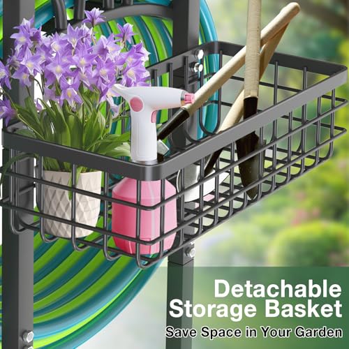 Qatsrin Upgraded Garden Hose Holder with Large Basket, Heavy Duty Water Hose Holder Supports 160-ft Hoses, Freestanding Detachable Hose Stand Storage Reel Hanger Rack for Yard Lawn Farm - Image 2
