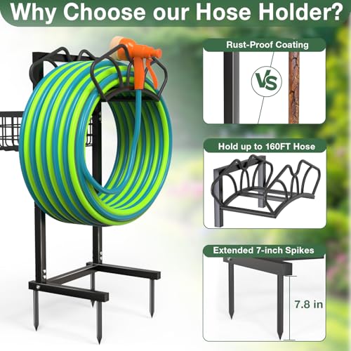 Qatsrin Upgraded Garden Hose Holder with Large Basket, Heavy Duty Water Hose Holder Supports 160-ft Hoses, Freestanding Detachable Hose Stand Storage Reel Hanger Rack for Yard Lawn Farm - Image 3