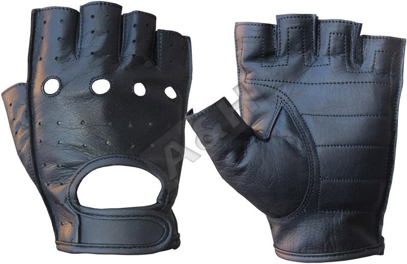 igersaw A&H Apparel Leather Motorcycle Glove Genuine Cowhide Fingerless Driving Gloves Medium Black AH-445 - Image 1