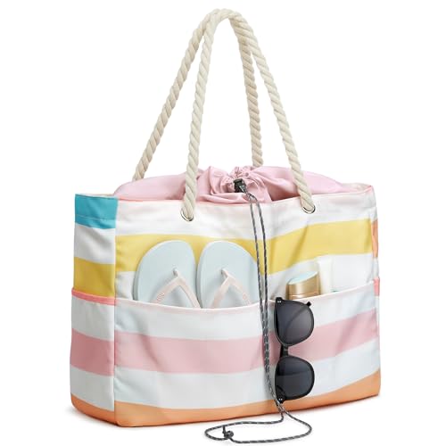 G4Free Canvas Beach Bag Waterproof Sandproof Large Beach Tote Bags for Women Pool Swim Travel Grocery Pink - Image 1