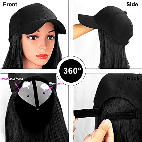 Rapidsflow® Synthetic Hair Hat 26" Long Straight Hairpiece Adjustable Baseball Cap Attached Natural Wig for Women Girls(FREE CARRY POUCH) (Black) - Image 3