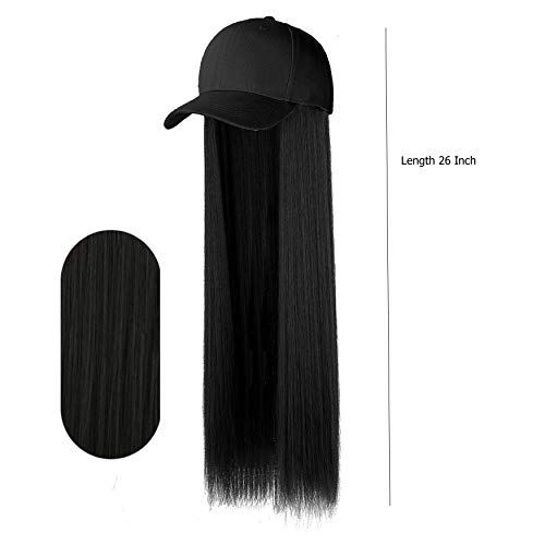 Rapidsflow® Synthetic Hair Hat 26" Long Straight Hairpiece Adjustable Baseball Cap Attached Natural Wig for Women Girls(FREE CARRY POUCH) (Black) - Image 2