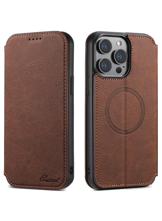 Suteni Case For iPhone 15 Pro J06 Retro Matte Litchi Texture Leather MagSafe Phone Case - Image 1