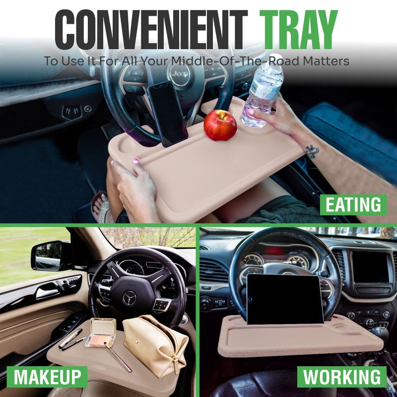 lebogner Steering Wheel Tray, Car Food Trays For Eating With iPad Tablet Slot, Multipurpose Double-Sided Hook On Travel Auto Steering Wheel Desk Table For Laptop & Notebook With Cup Holder, Beige - Image 2