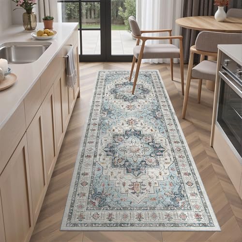 Madane Washable Runner Rug 2x6 Rug Runners for Hallways 6 Feet Non Slip Vintage Kitchen Runner Rug UltraThin Bathroom Runner Rugs Carpet Laundry Room Bedroom 2x6ft Blue