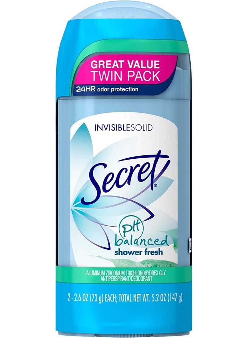 سيكريت Secret Antiperspirant and Deodorant for Women, pH Balanced Invisible Solid, Shower Fresh Scent, 2.6 Oz Twin Pack - Image 1