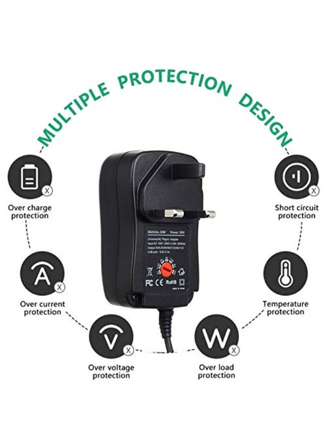 SEBA 30W Universal AC/DC Adapter Switching Power Supply with 8 Selectable Adapter Plugs，for 3V 4.5V 5V 6V 7.5V 9V 12V Household Electronics and LED Strip - 2000mA Max - Image 4