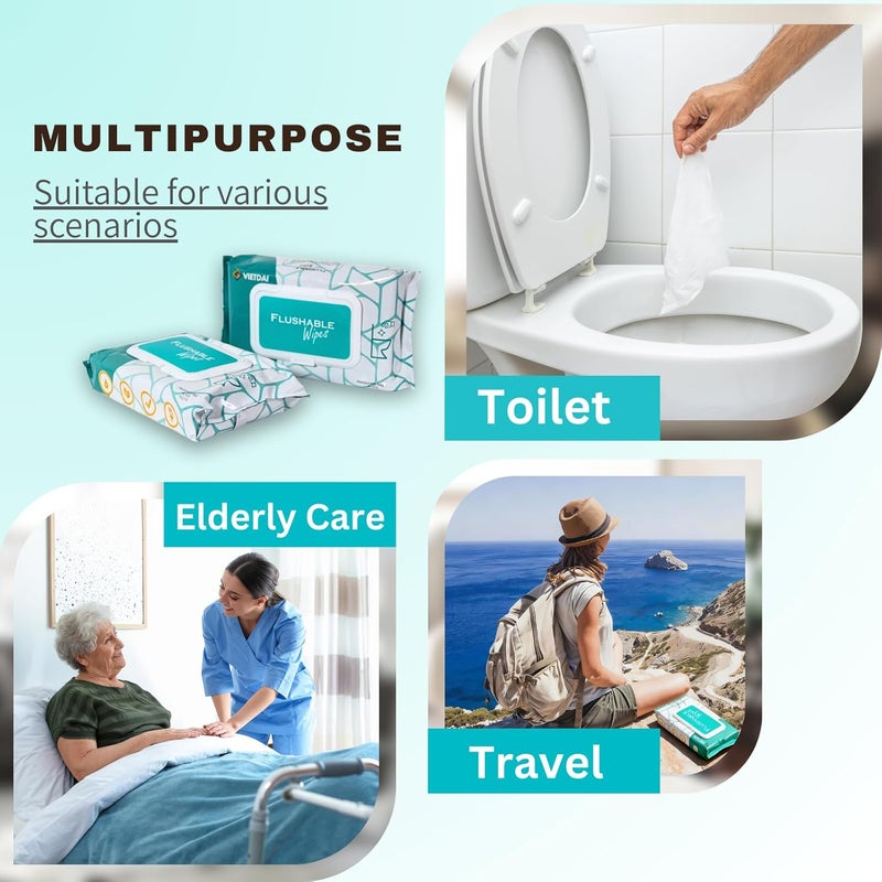 مناديل مبللة قابلة للرمي في المرحاض للبالغين، مناديل فيتداي للمرحاض آمنة على خزانات الصرف الصحي والمجاري، مع خلاصة الصبار وفيتامين هـ للبشرة الحساسة، مناديل مبللة للتنظيف الشخصي والمرحاض - بدون رائحة - 168 منديل - Image 4