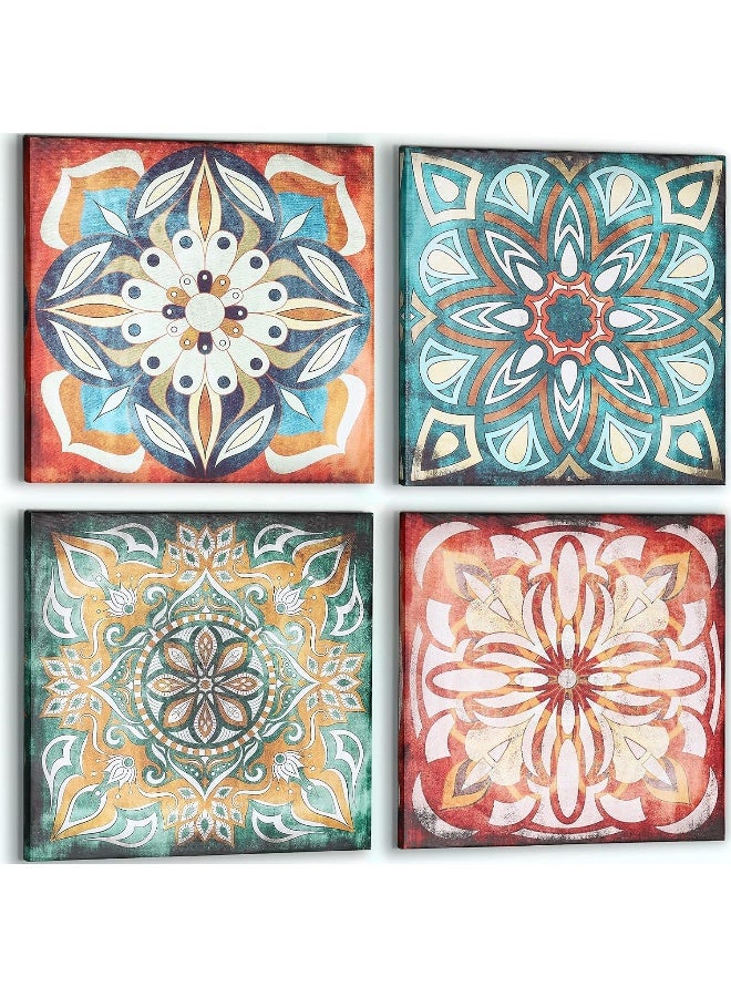 SunBlogs Art Kitchen Decor Canvas Wall Boho Vintage Flowers Pattern Prints Large Framed Wall Decor Pattern Pictures for Living Room Kitchen Bathroom Dining Room Restroom Decorations (14x14x4PCS) - Image 2