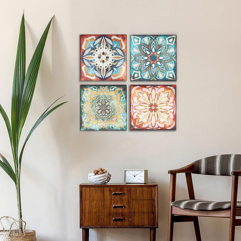 SunBlogs Art Kitchen Decor Canvas Wall Boho Vintage Flowers Pattern Prints Large Framed Wall Decor Pattern Pictures for Living Room Kitchen Bathroom Dining Room Restroom Decorations (14x14x4PCS) - Image 1