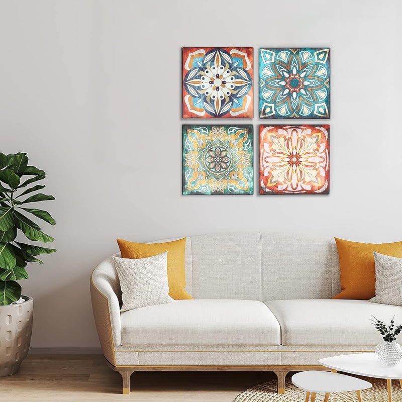 SunBlogs Art Kitchen Decor Canvas Wall Boho Vintage Flowers Pattern Prints Large Framed Wall Decor Pattern Pictures for Living Room Kitchen Bathroom Dining Room Restroom Decorations (14x14x4PCS) - Image 3