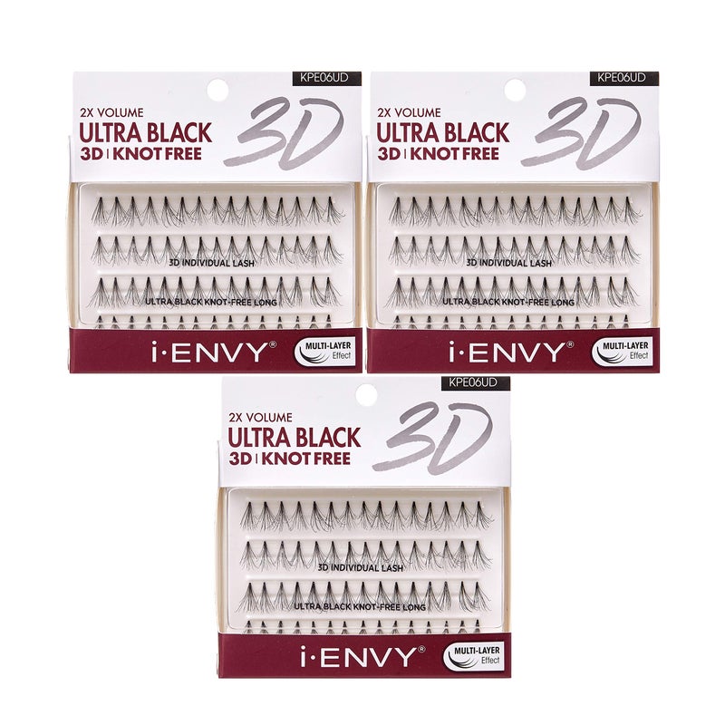 iENVY 2X Volume 3D Ultra Black Individual Lashes 3 PACK Knot Free  Long