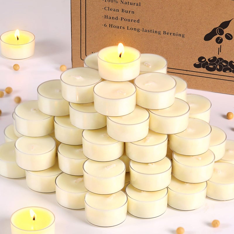 Simeitol 100 Pcs Soy Wax Tealight Candles 6 Hour Burn Time White Unscented Votive Candles Smokeless Extended Burn Time Clear Cup Tea Lights for Weddings Home Emergencies