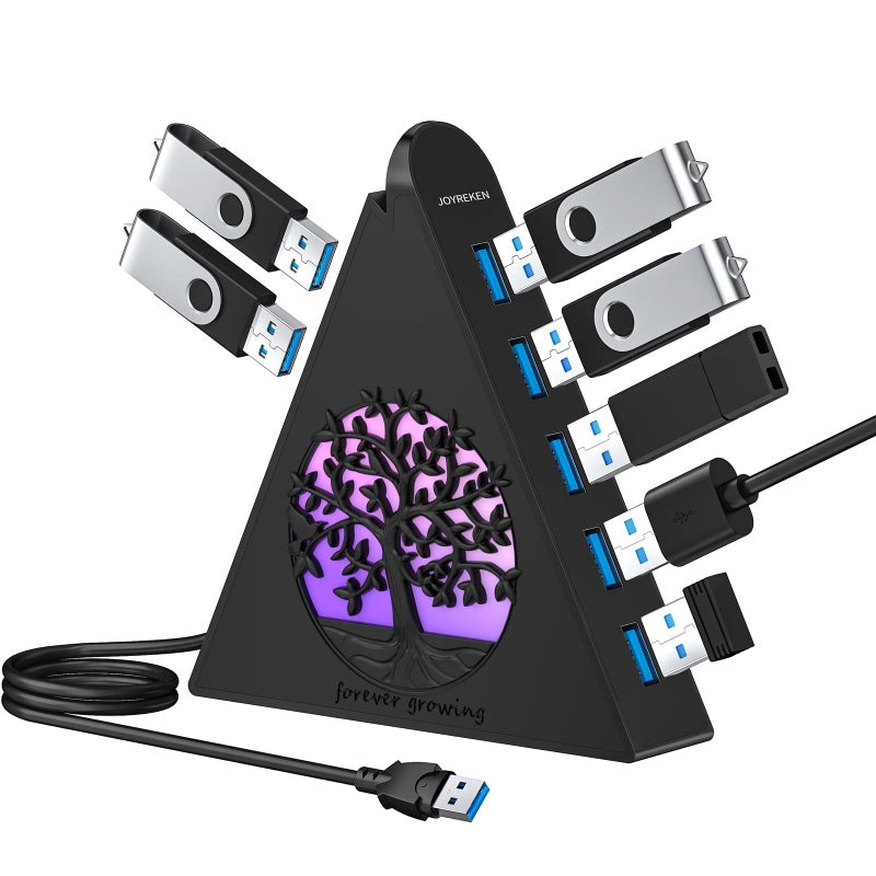 JoyReken 7-Port USB 3.0 Hub, Vertical USB Hub Splitter with RGB Lighting, 5Gbps High-Speed Data Transfer and 2FT Extension Cable, Compatible with Laptop, PC, Desktop, MacBook, PS5, Xbox, Flash Drive - Image 1