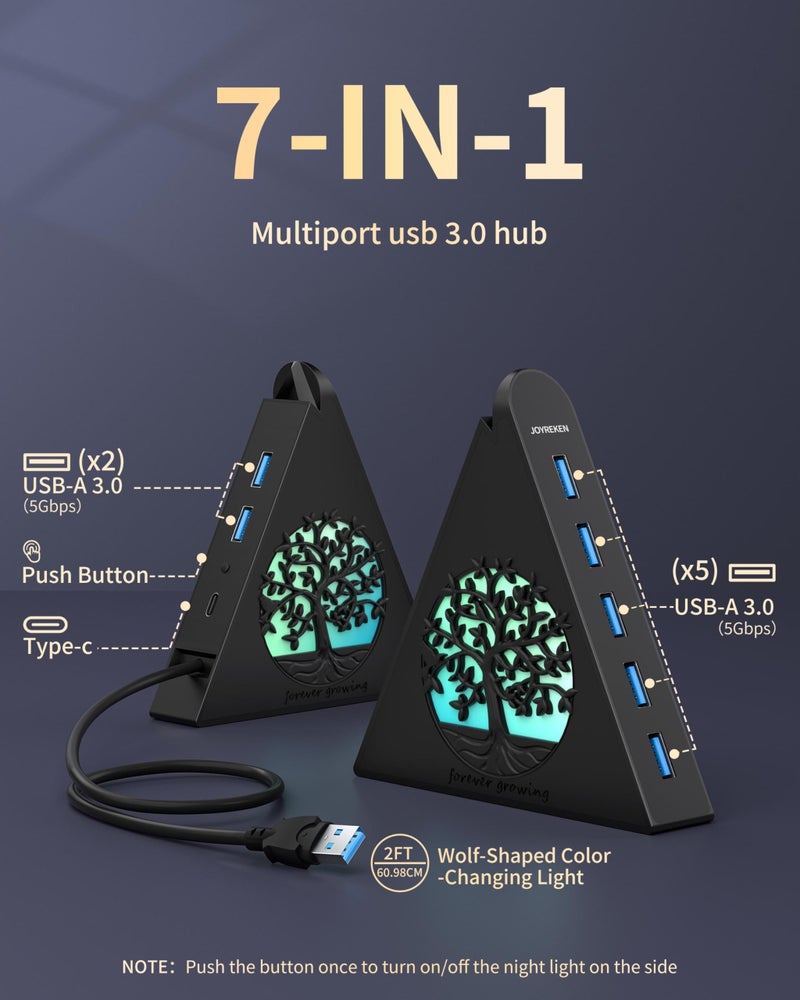 JoyReken 7-Port USB 3.0 Hub, Vertical USB Hub Splitter with RGB Lighting, 5Gbps High-Speed Data Transfer and 2FT Extension Cable, Compatible with Laptop, PC, Desktop, MacBook, PS5, Xbox, Flash Drive - Image 4