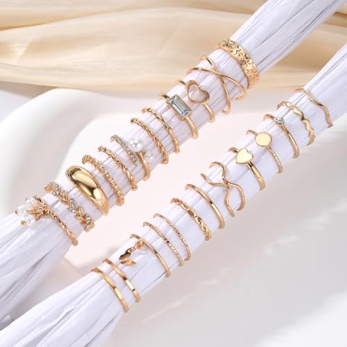 IFKM 24PCS Gold Knuckle Rings Set For Women Vintage Stackable Joint Finger Midi Rings Dainty Cubic Zirconia Crystal Simple Twist Hollow Cute Rings Pack Jewelry Gift (Heart's Voice, Gold) - Image 5