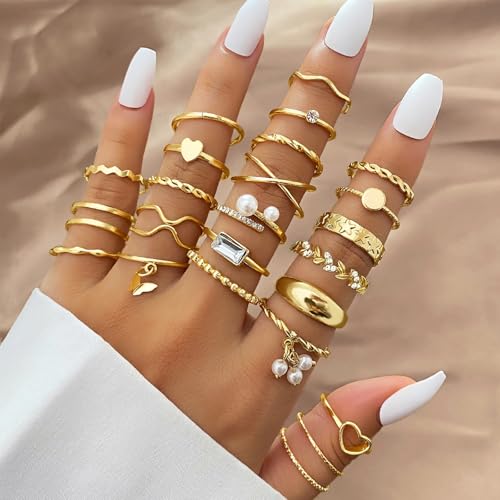 IFKM 24PCS Gold Knuckle Rings Set For Women Vintage Stackable Joint Finger Midi Rings Dainty Cubic Zirconia Crystal Simple Twist Hollow Cute Rings Pack Jewelry Gift (Heart's Voice, Gold) - Image 2