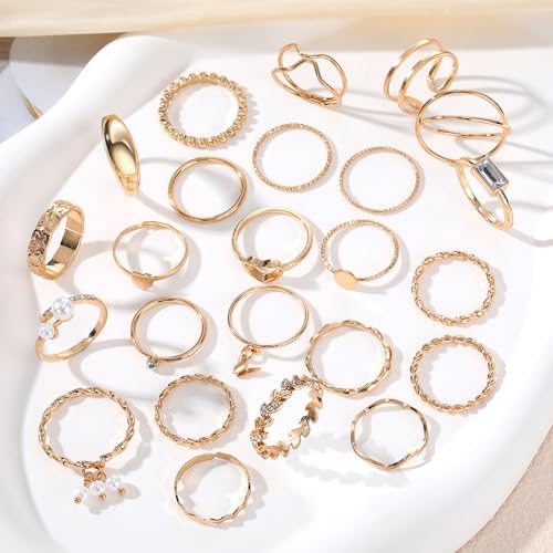 IFKM 24PCS Gold Knuckle Rings Set For Women Vintage Stackable Joint Finger Midi Rings Dainty Cubic Zirconia Crystal Simple Twist Hollow Cute Rings Pack Jewelry Gift (Heart's Voice, Gold) - Image 4