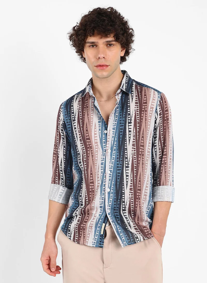 كامبوس سوترا قميص رجالي بألوان متعددة بتصميم خطوط وياقة عادية وأكمام طويلة وفتحة أزرار، مريح للارتداء اليومي