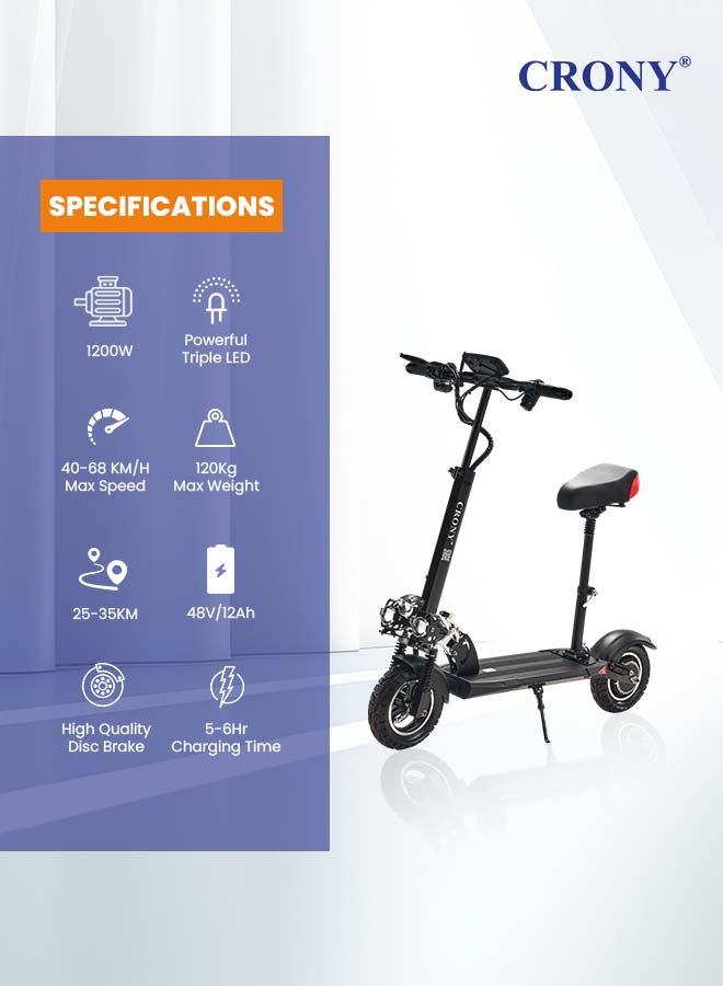 Crony V10 Big display folding Electric Scooter with a seat | Speed up to 68KM/H | Range up to 40 KM | Dual Suspension - Image 2