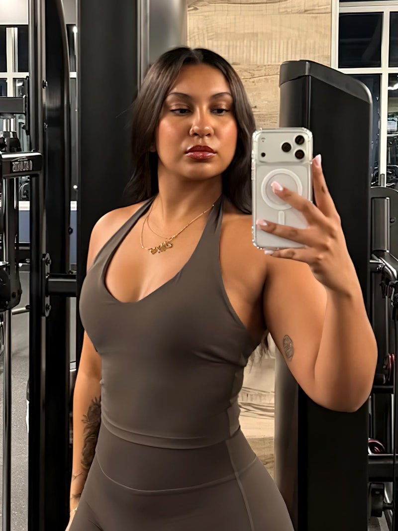 YEOREO Women's Halter Crop Top V Neck Workout Going Out Tank Top Hazel Padded Sleeveless Backless Trendy Summer Camisole Coffee Small - Image 3