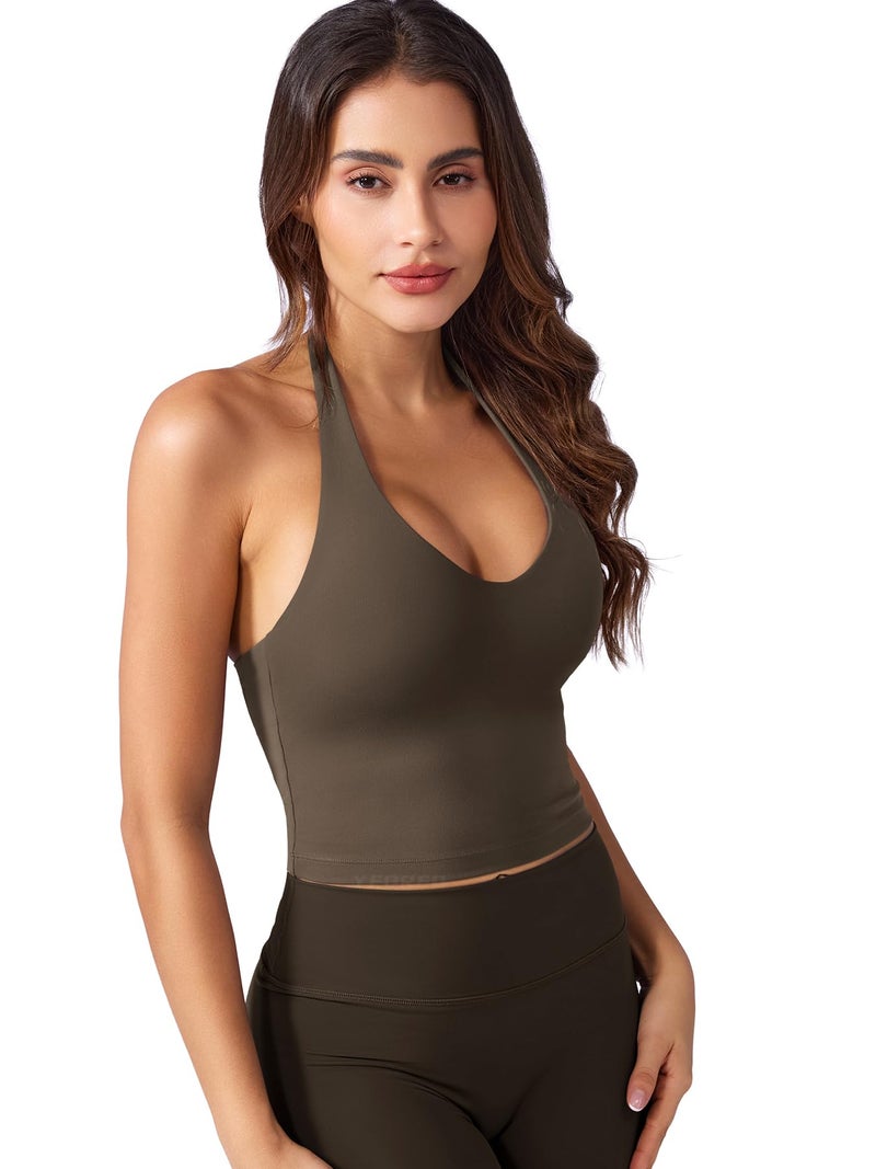 YEOREO Women's Halter Crop Top V Neck Workout Going Out Tank Top Hazel Padded Sleeveless Backless Trendy Summer Camisole Coffee Small - Image 5