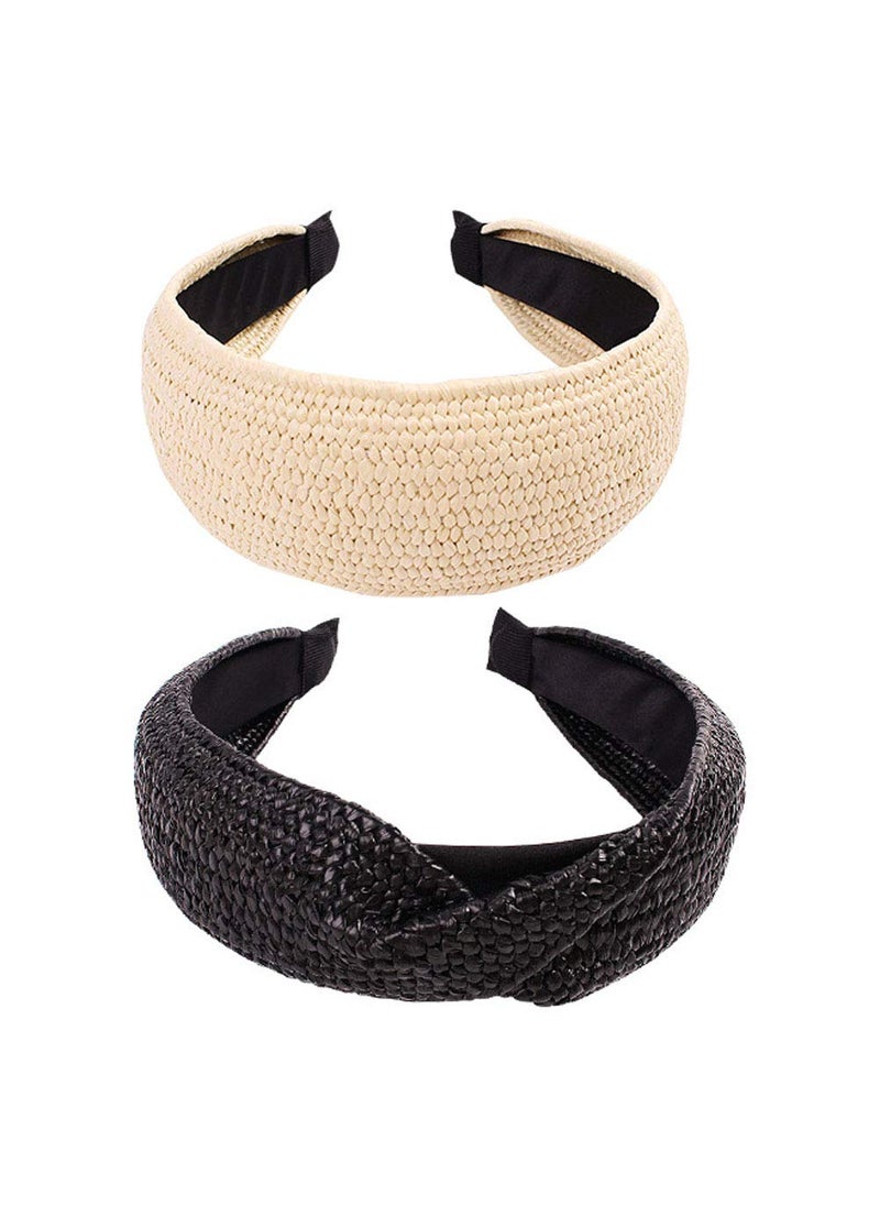 Teensery 2 Pcs Vintage Straw Rattan Headband Raffia Woven Hairband Wide Twist Hair Hoop Headwear Hair Accessories for Women and Girls 