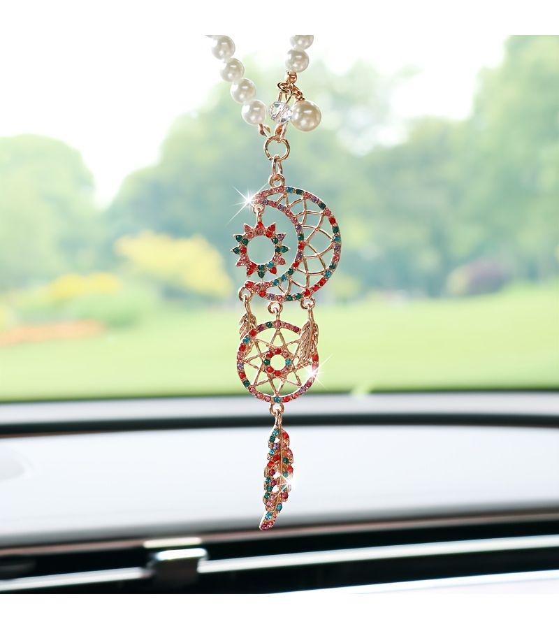 White Moon Dreamcatcher Diamond Encased Hanging Ornament Creative Feather Rearview Mirror Pendant Interior Decoration - Image 4