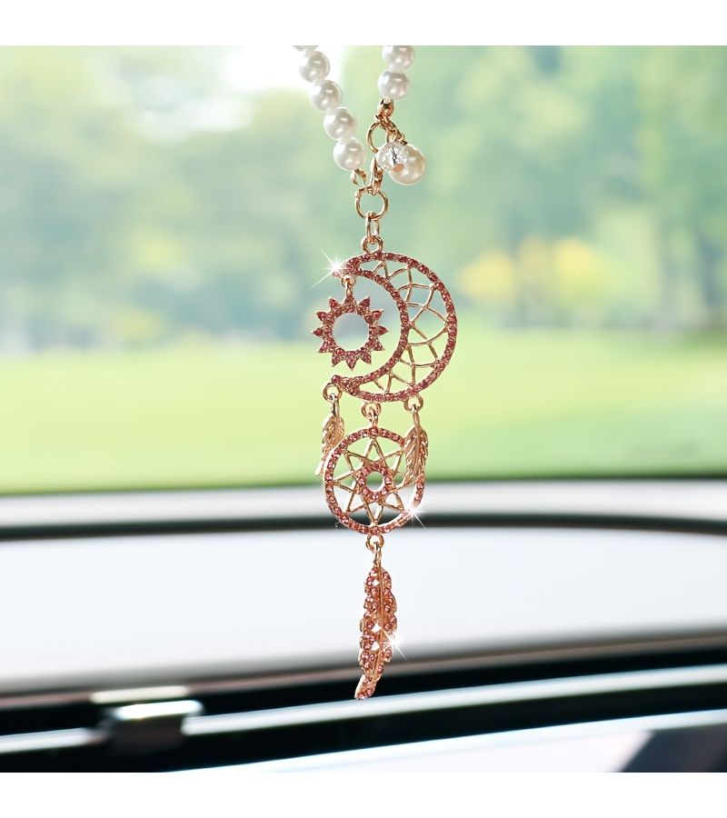 White Moon Dreamcatcher Diamond Encased Hanging Ornament Creative Feather Rearview Mirror Pendant Interior Decoration - Image 3