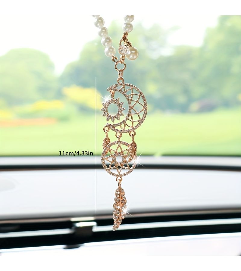 White Moon Dreamcatcher Diamond Encased Hanging Ornament Creative Feather Rearview Mirror Pendant Interior Decoration - Image 2
