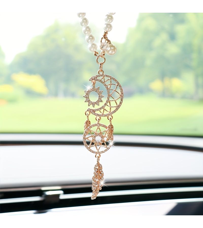 White Moon Dreamcatcher Diamond Encased Hanging Ornament Creative Feather Rearview Mirror Pendant Interior Decoration - Image 1