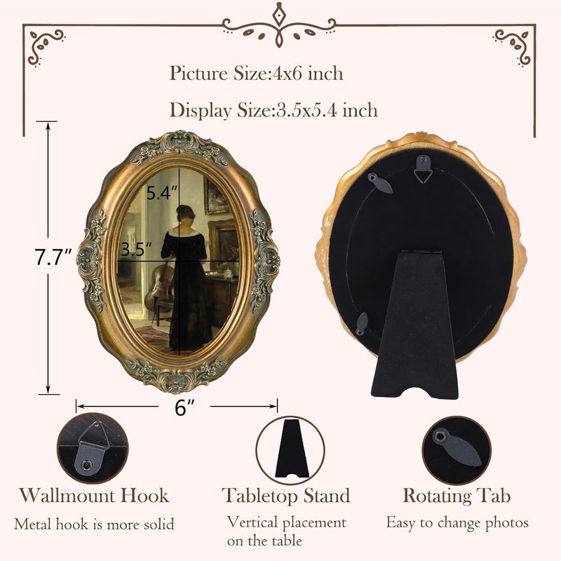 SIKOO Vintage Picture Frames 4x6 Antique Oval Picture Frame Tabletop and Wall Mount Vintage Wall Decor Bronze Gold - Image 5