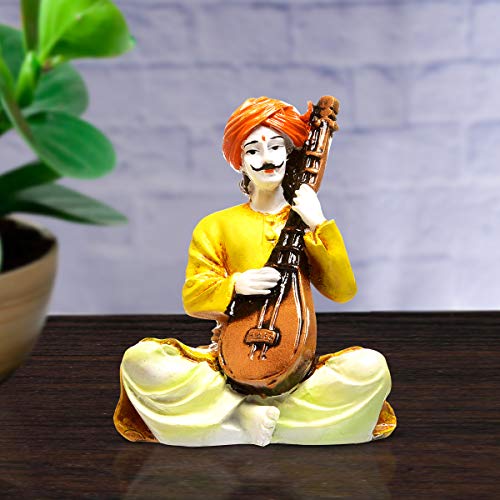 Karigaari India Handcrafted Man Playing Sitar Musical Instrument Resin Sculpture | Showpiece, Multicolour, Height : 26 cm, Breadth : 15 cm, Length : 18 cm - Image 1