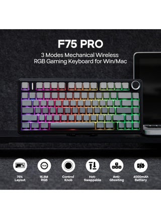 【Brand Store】F75 PRO Gaming Keyboard 75% Mechanical Keyboard Gasket Hot Swappable Custom Keyboard RGB Backlit with Five-Layer Padding, ide Printed PBT Keycaps Bluetooth/2.4GHz/USB-C, Mechanical Gaming Keyboard Hot Swappable, Knob, RGB, Reaper Switches Keyboard for Gamers(Gradient Black) - view 2
