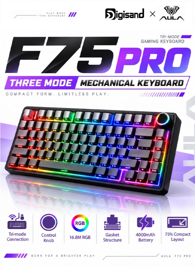 AULA 【Brand Store】F75 PRO Gaming Keyboard 75% Mechanical Keyboard Gasket Hot Swappable Custom Keyboard RGB Backlit with Five-Layer Padding, ide Printed PBT Keycaps Bluetooth/2.4GHz/USB-C, Mechanical Gaming Keyboard Hot Swappable, Knob, RGB, Reaper Switches Keyboard for Gamers(Gradient Black) - Image 1