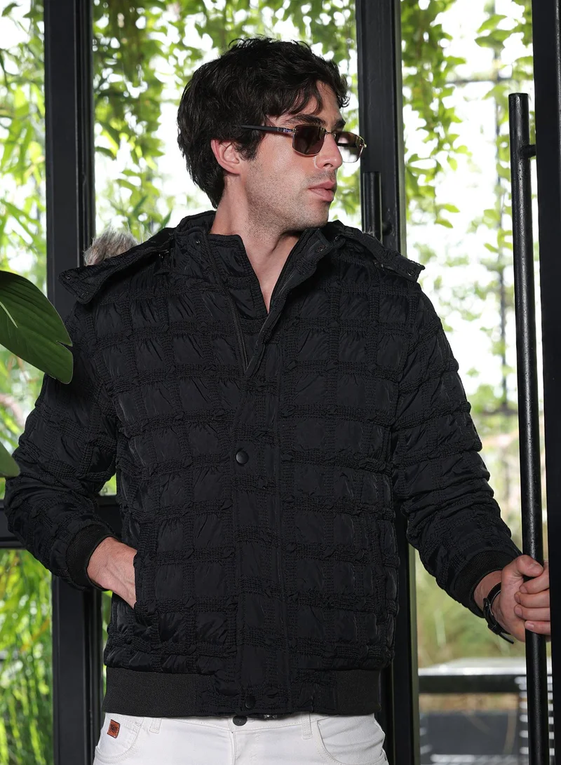 Campus Sutra Men Grid-Tactile Puffer Jacket | Stand Collar, Long Ribbed Cuff Sleeves | Zipper , Ribbed-Straight Hem | Solid Textured | Woven Fabric For Casual & Daily Wear | Obsidian Black