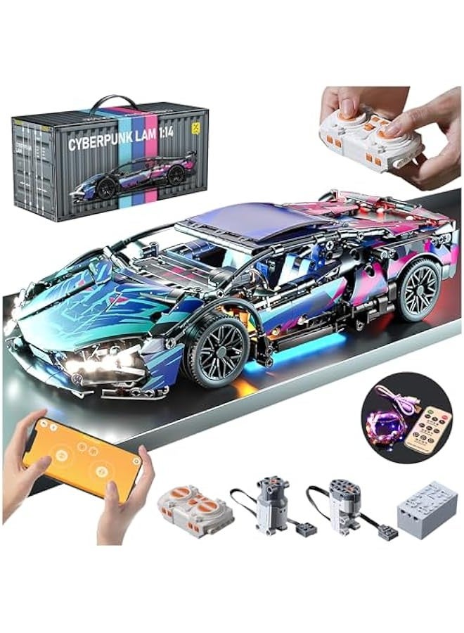 Sport Car Building Block Sets for Adults, Remote Control APP Race Car with LED Lights,Collectible 1:14 Model Scale Engineering Toy Men Teens Boys Age 8+ 8-12 12 13 14  - Image 1