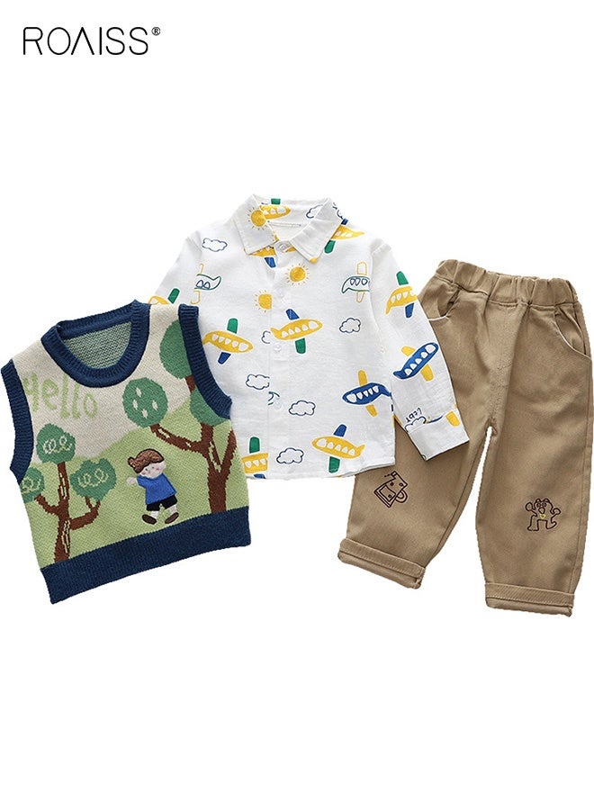 رويس 3 قطع من ملابس الخريف والربيع للأولاد، قميص أنيق، سترة صوفية وسروال للأطفال الصغار، قميص بأكمام طويلة، قميص بدون أكمام محبوك وسروال بخصر مطاطي، مناسب للارتداء اليومي أو أي مناسبة - Image 1