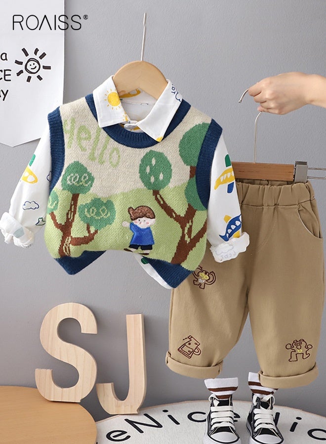 رويس 3 قطع من ملابس الخريف والربيع للأولاد، قميص أنيق، سترة صوفية وسروال للأطفال الصغار، قميص بأكمام طويلة، قميص بدون أكمام محبوك وسروال بخصر مطاطي، مناسب للارتداء اليومي أو أي مناسبة - Image 2