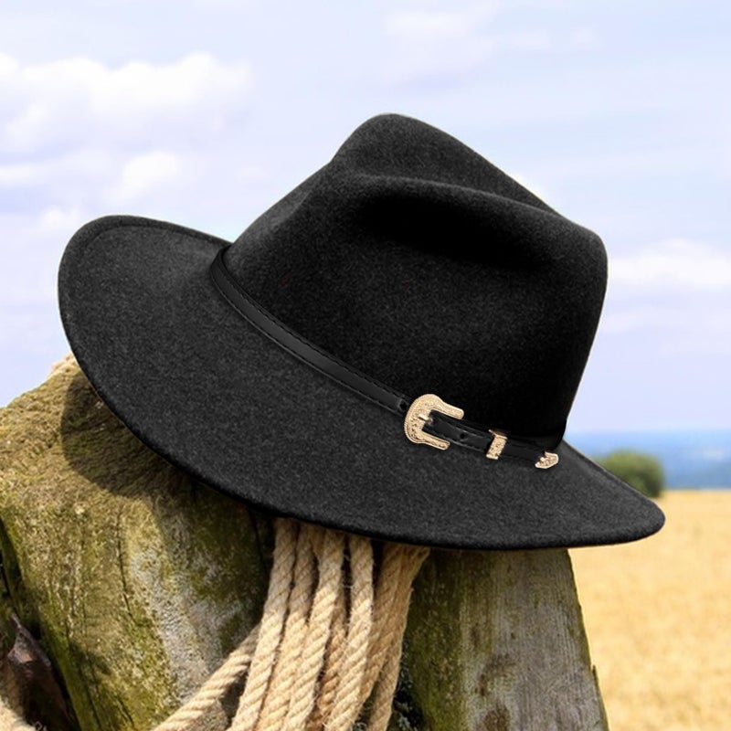 RainFlowwer Black Leather Cowboy Hat Bands for Men Women Western/Fedora/Panama Hat Belts Cowgirl Hatbands with Gold Buckle Cowboy Supply Hand Made Replacement - Image 2