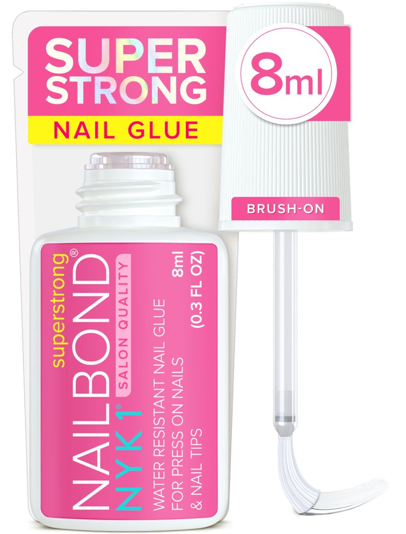 NYK1 Super Strong Nail Glue for Press On Nails, Nail Tips & Acrylic Fake Nails (8ml) NYK1 NailBond Brush On Glue for Press Ons, Tips & Acrylics - Long Lasting, Maximum Strength, Mess-Free Application - Image 1