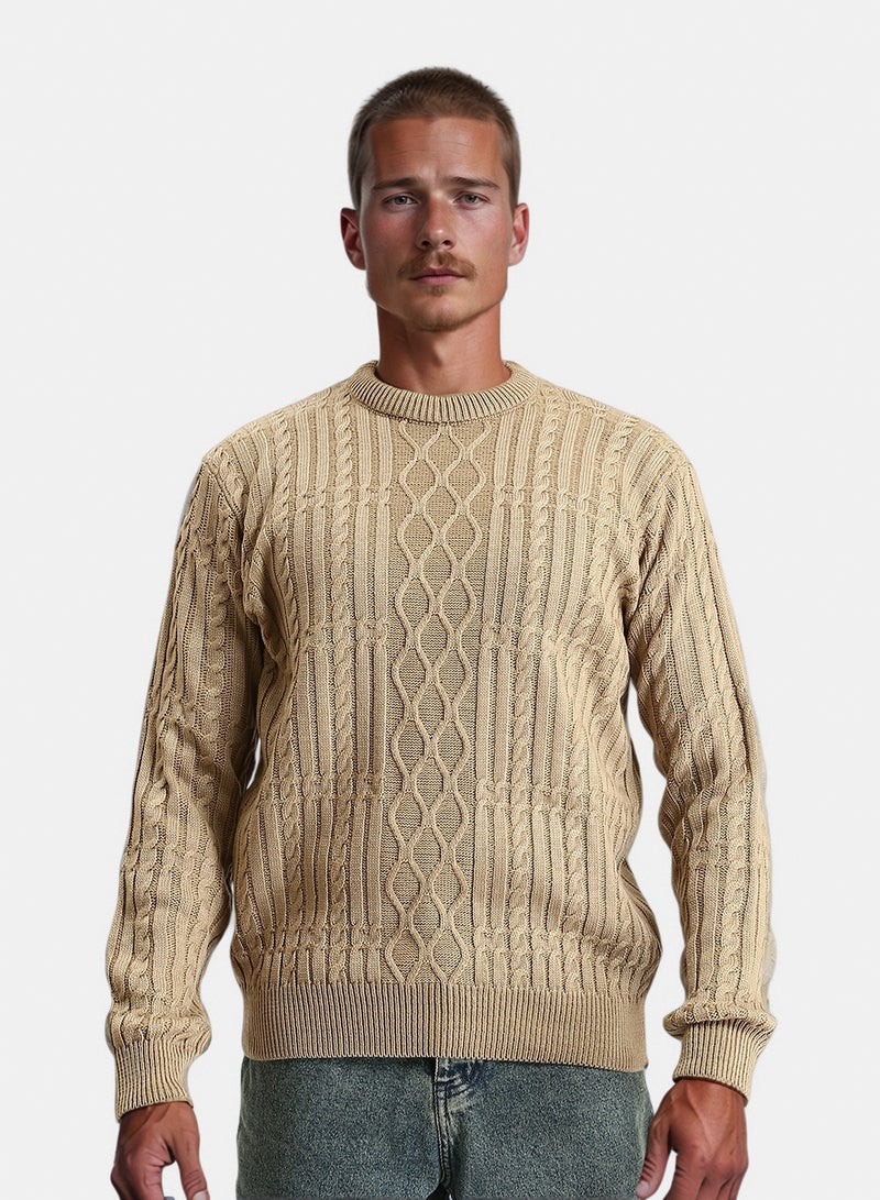RAVIN Men Knitted Round Neck Winter Pullover Dark Beige - Image 1