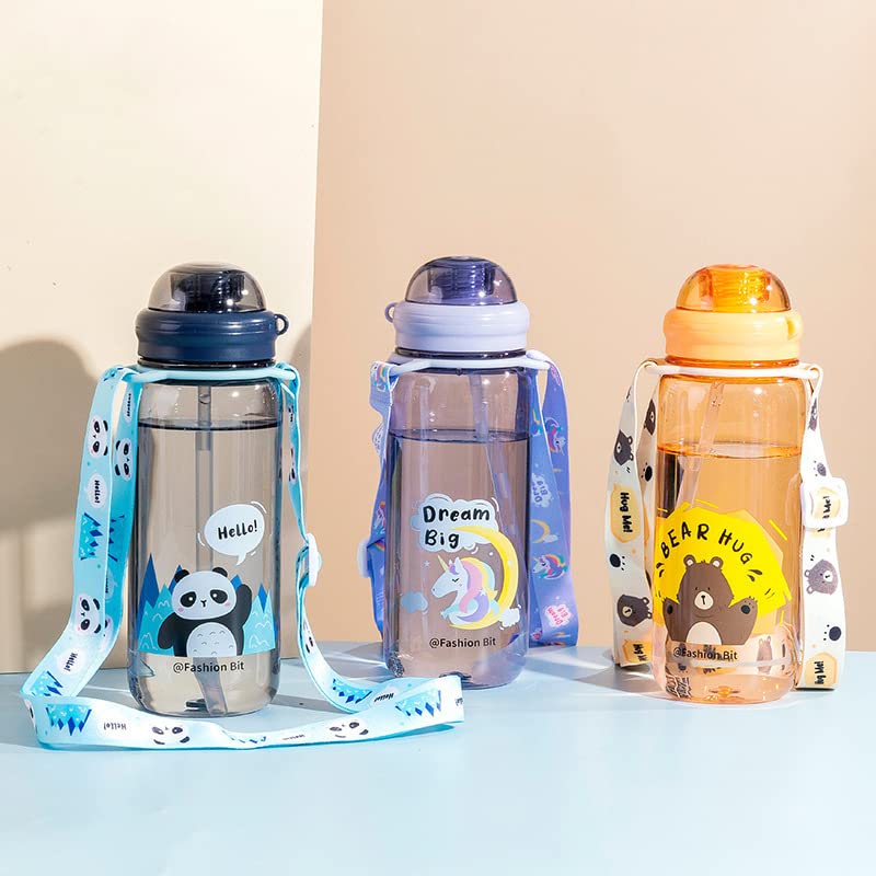 TEMSON Cute Water Bottle for Kids – Cartoon Animal Design Sipper Bottle with Straw and Adjustable Strap Stylish Water Bottle with Sipper, School Water Bottle for Kids – 520 ML(FB-5385) (Black) - Image 2