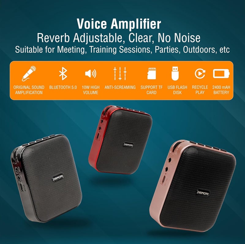 DIGIMORE D-1210 Bluetooth Voice Amplifier for Teachers | 10H Battery Life, and MP3 Support |10W Portable PA System with Headset Microphone for Tour Guides,Yoga,Fitness Instructors,Colleges (Red) - Image 3