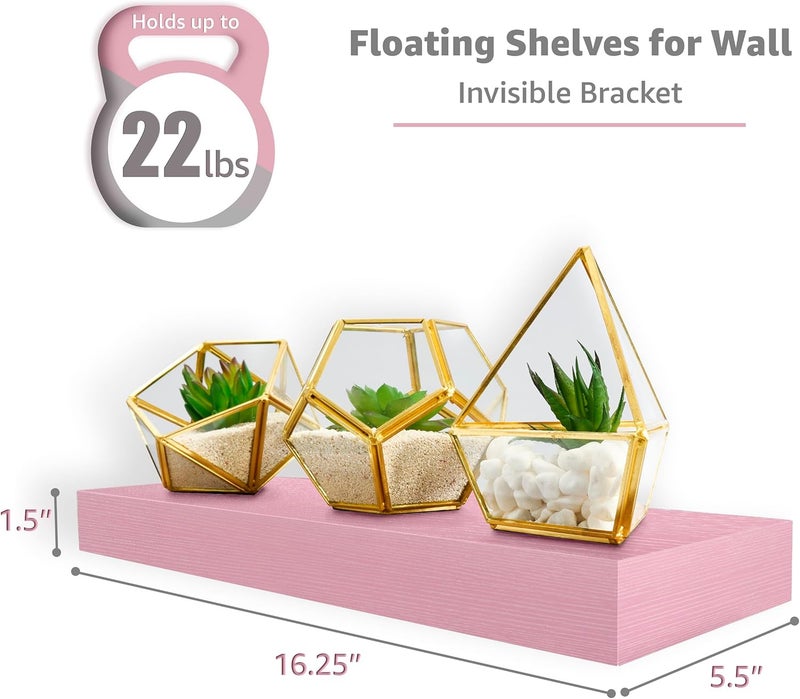 Sorbus Floating Shelves for Wall – 16 Inch Floating Shelf for Kitchen, Bedroom, Living Room, Bathroom, Home & Wall Decor - Mounted Bathroom Shelves with Invisible Brackets (Soft Pink, 2 Pack) - Image 3