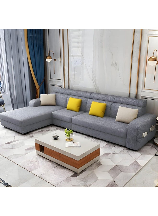 Poppins Home Stylish Retro 4-Seater Sofa with Chaise Lounge  Square Arm Design in Premium Fabric Upholstery (Light Grey, RIGHT BED) - Image 1